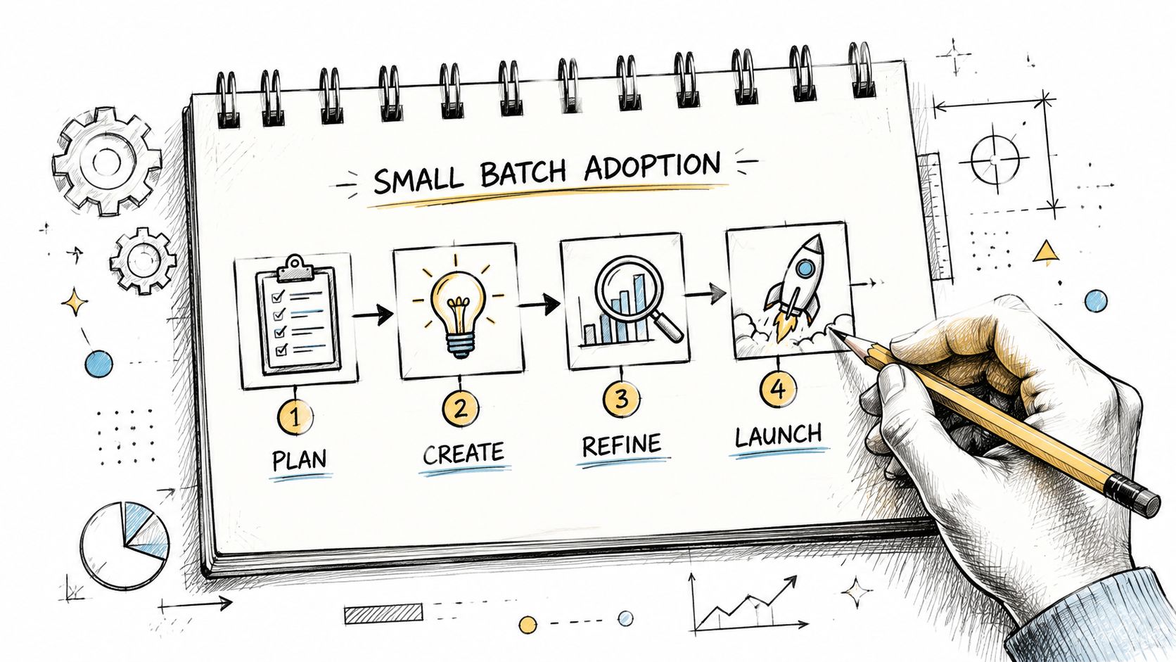A hand-drawn sketch on a notepad showing a four-step small batch adoption process: plan, create, refine, launch.