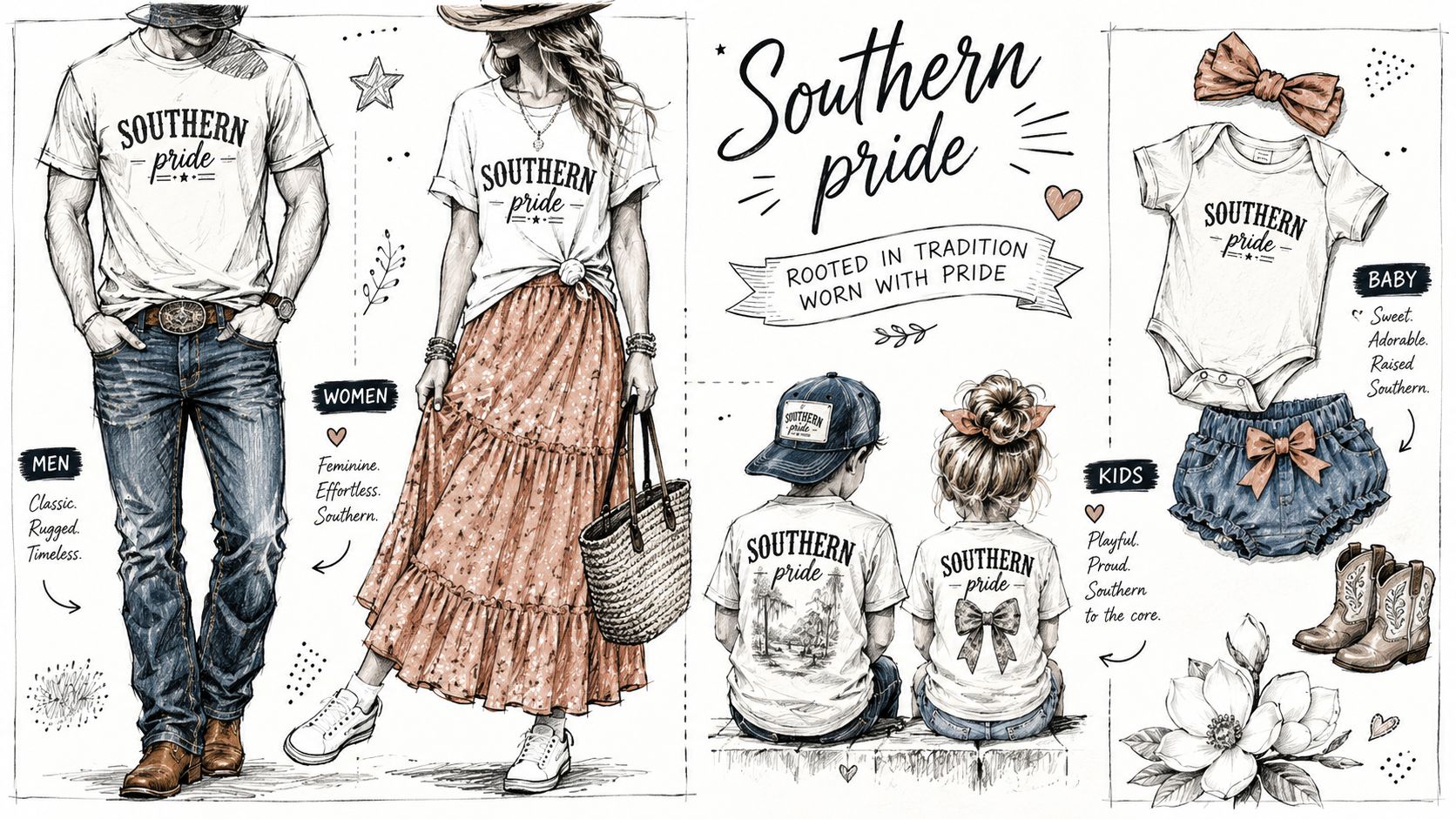A fashion illustration showcasing a family wearing Southern Pride branded clothing for men, women, kids, and babies.