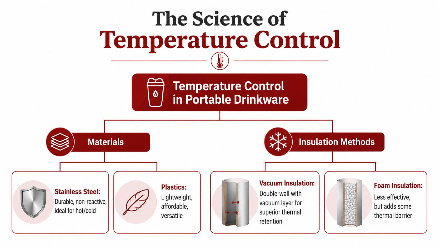 An infographic titled The Science of Temperature Control explaining materials and insulation methods for portable drinkware.