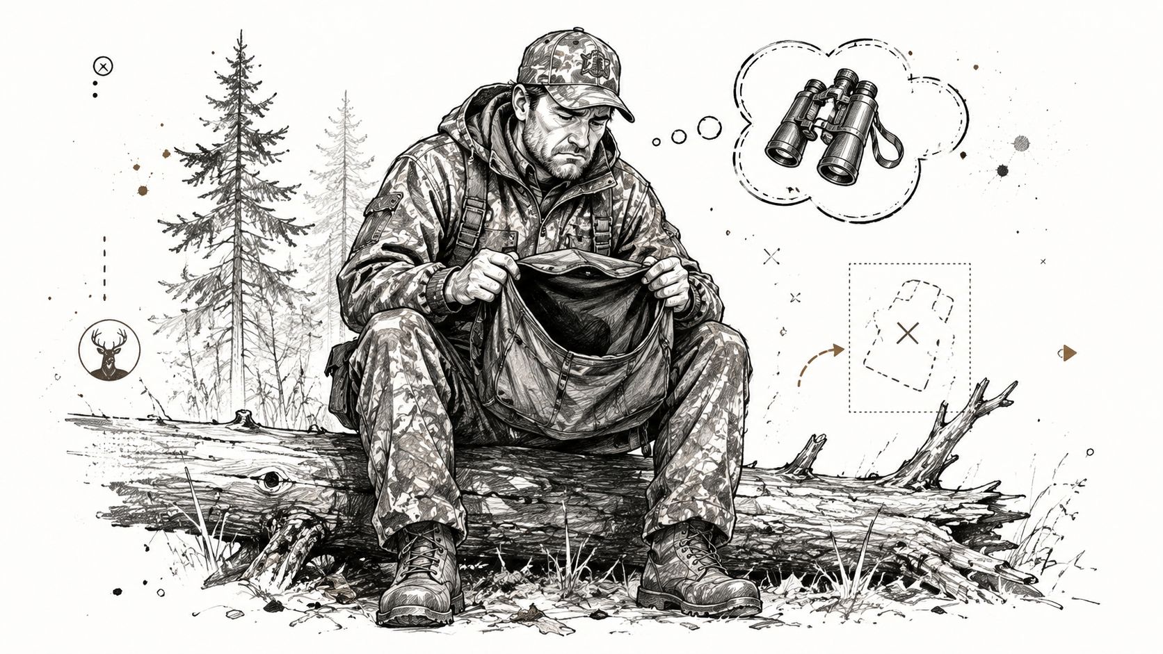 A hunter sitting on a log, looking disappointed at his empty hunting bag, wishing for binoculars.