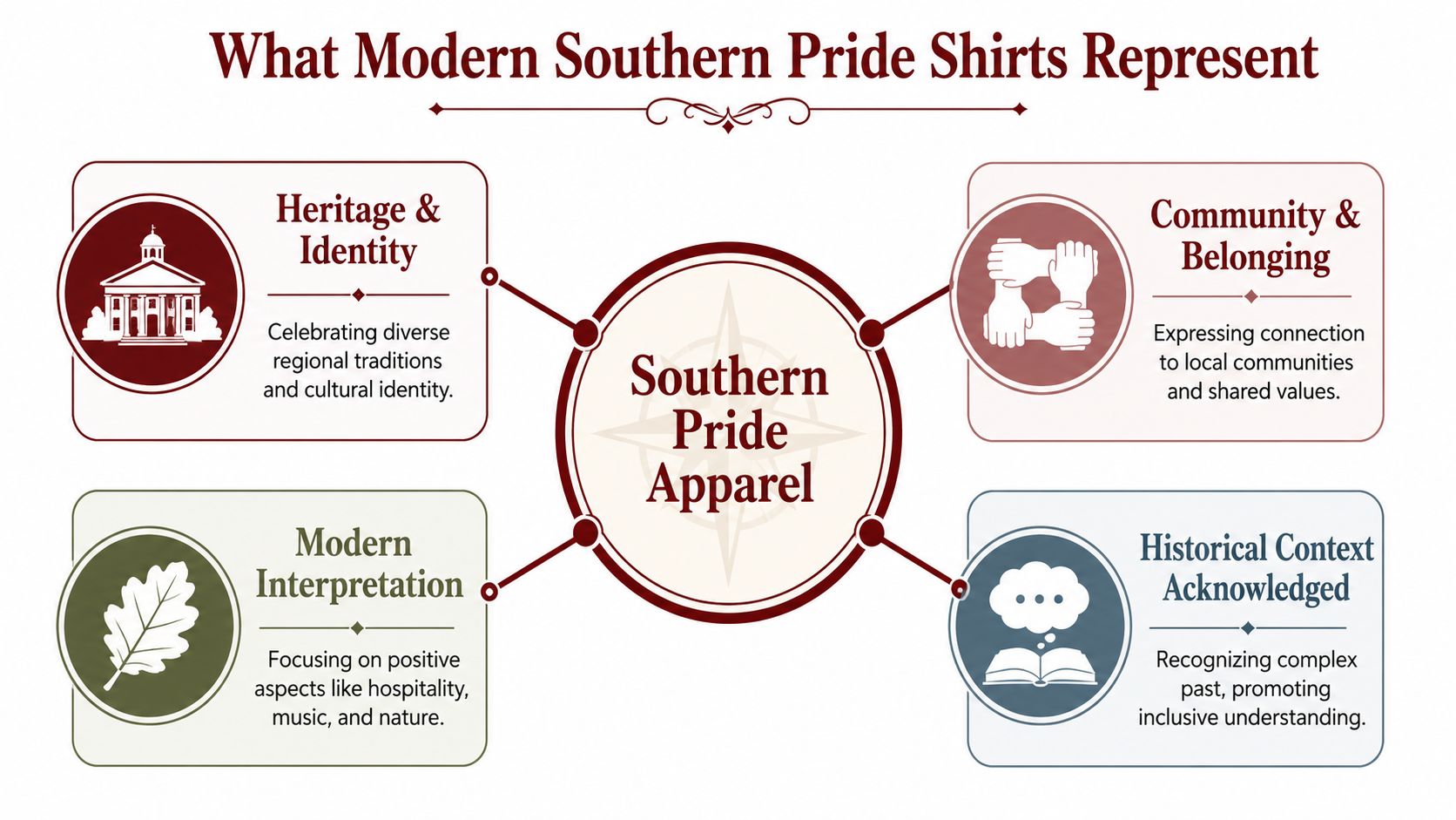 A diagram explaining the positive themes and cultural significance behind modern Southern pride apparel and clothing.