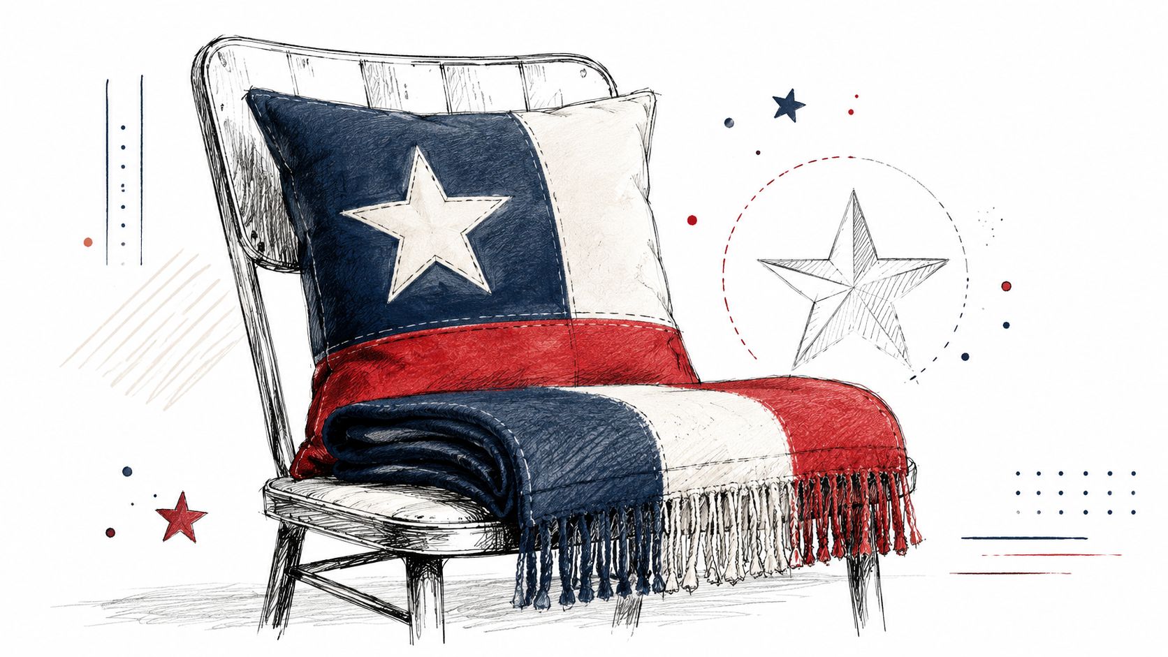 An artistic sketch of a wooden chair with a Texas flag pillow and a striped throw blanket.