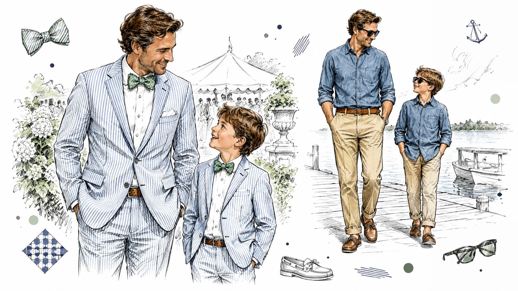 A detailed illustration of a father and son dressed in matching formal and casual outfits.