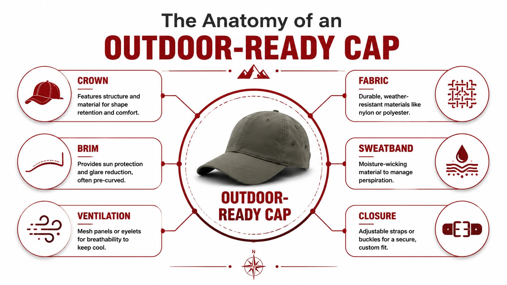 A diagram illustrating the anatomy of an outdoor baseball cap, highlighting its key functional design features.