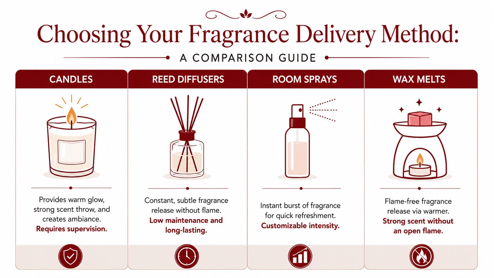 A comparison guide for home fragrance delivery methods including candles, reed diffusers, room sprays, and wax melts.