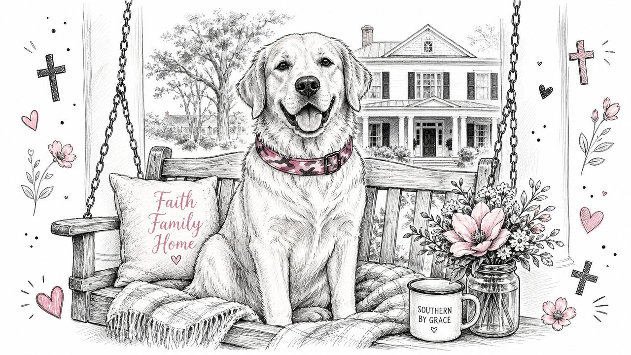 A sketched illustration of a golden retriever wearing a pink camouflage collar, sitting on a porch swing.