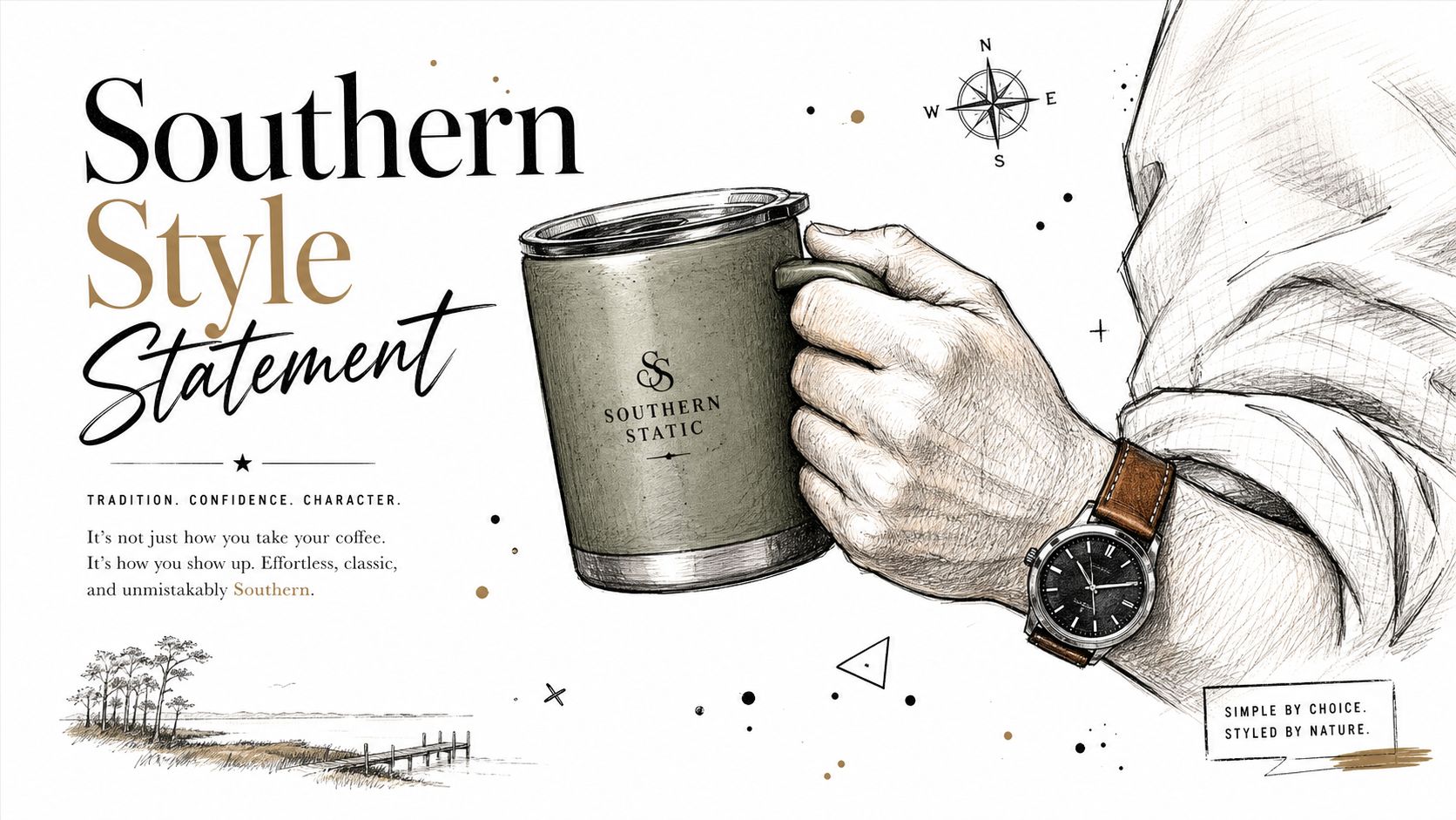 A hand-drawn illustration featuring a person holding a coffee mug with a Southern Static logo.