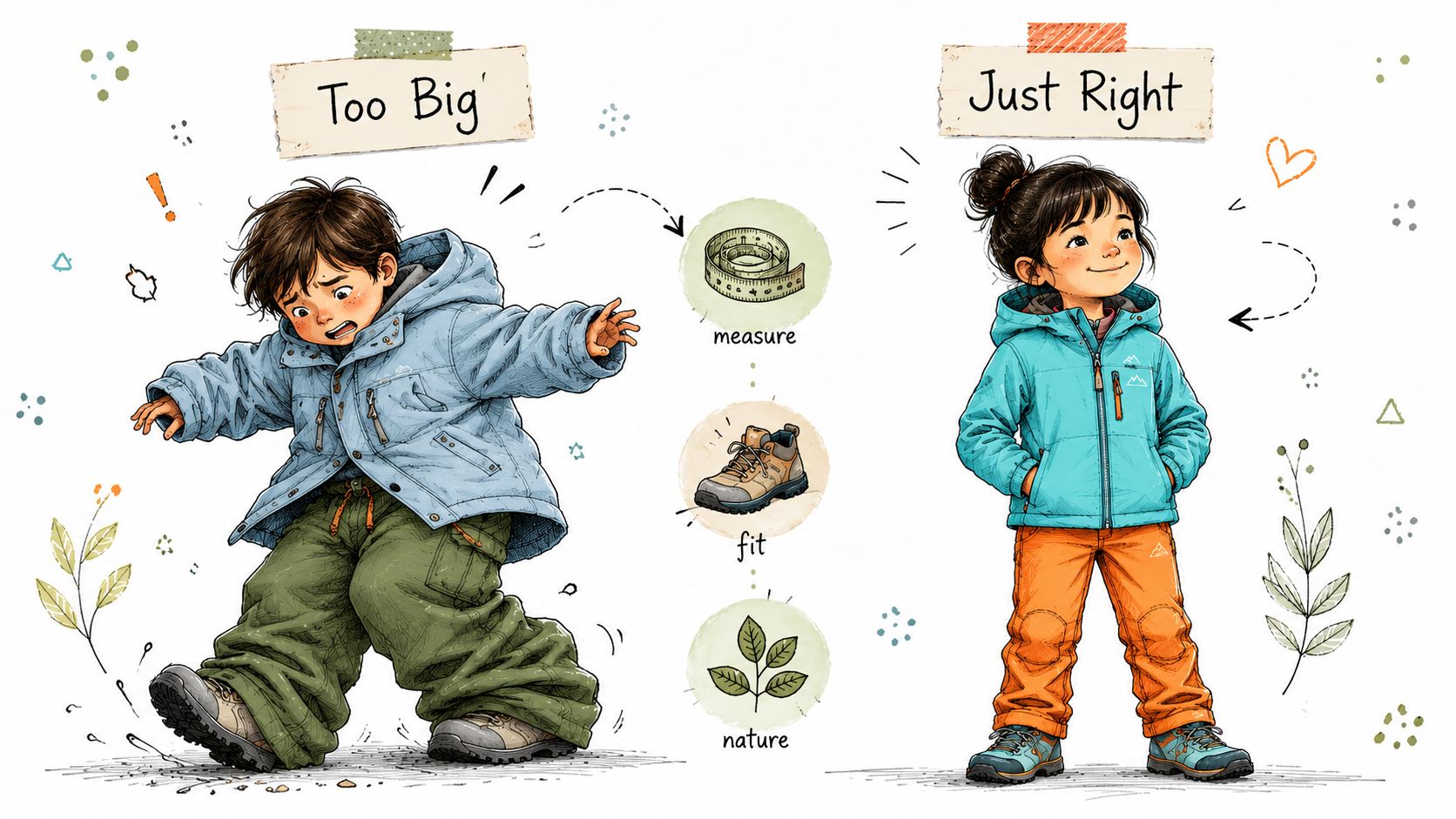 A comparison illustration showing a boy in oversized clothing and a girl in well-fitted outdoor gear.