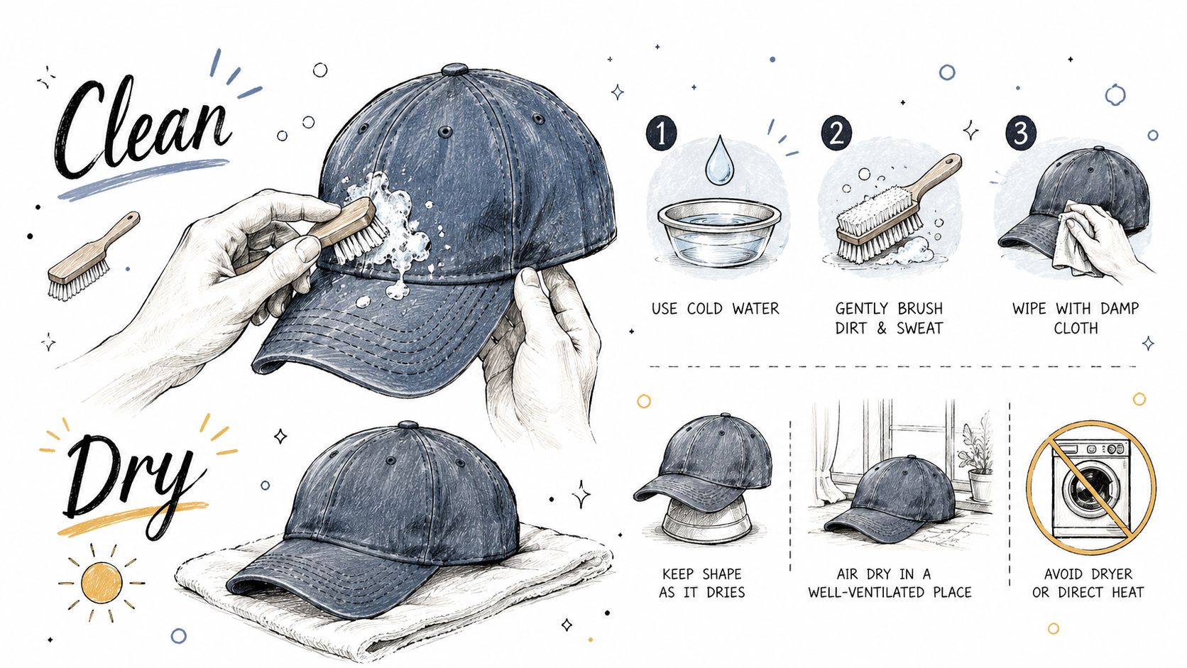 An illustrated step-by-step guide showing how to clean and air dry a baseball cap properly.