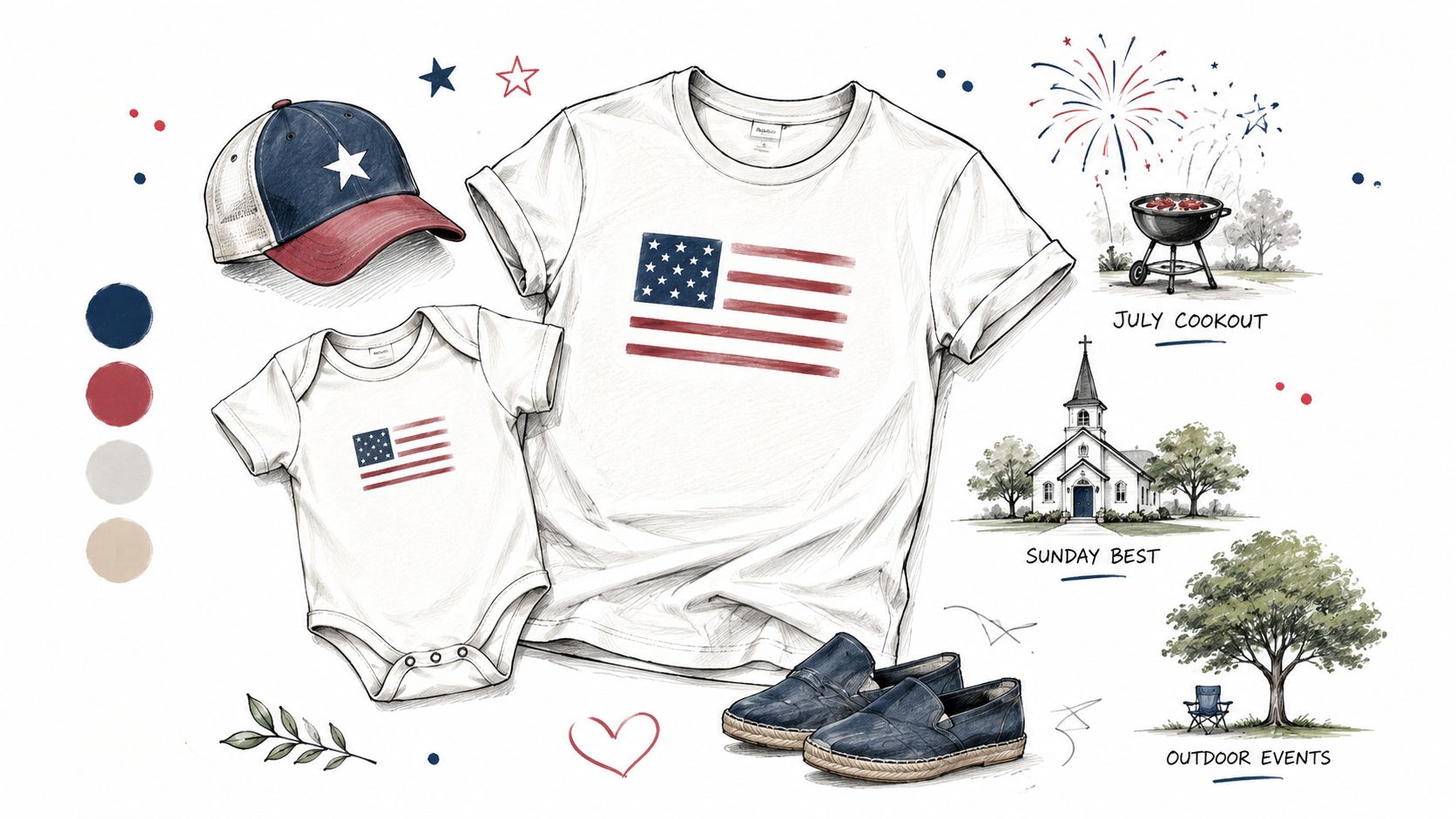 A digital fashion illustration featuring American flag themed clothing including a T-shirt, baby onesie, and accessories.
