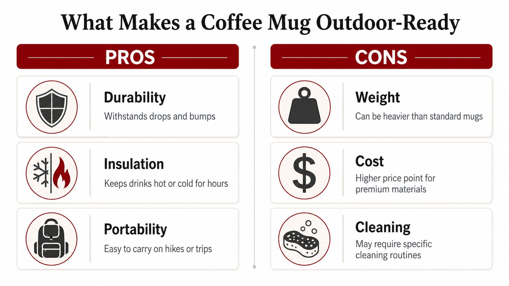An infographic comparing the pros and cons of using coffee mugs designed for outdoor activities.