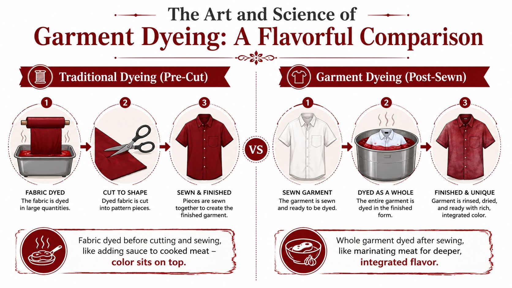 An infographic comparing traditional fabric dyeing and post-sewn garment dyeing using cooking metaphors for illustration.