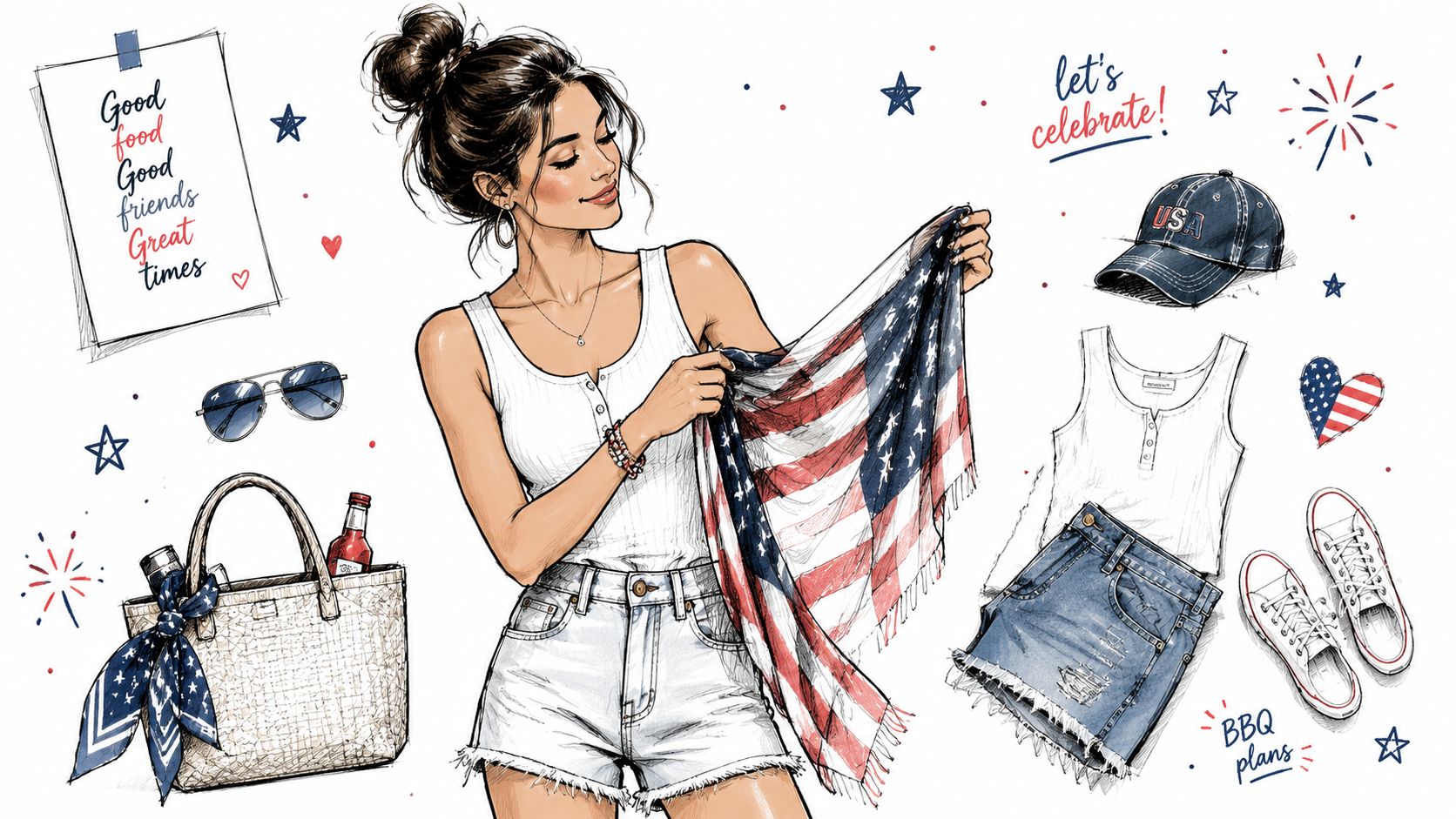 A fashion illustration featuring a woman holding an American flag scarf, surrounded by summer clothes and accessories.