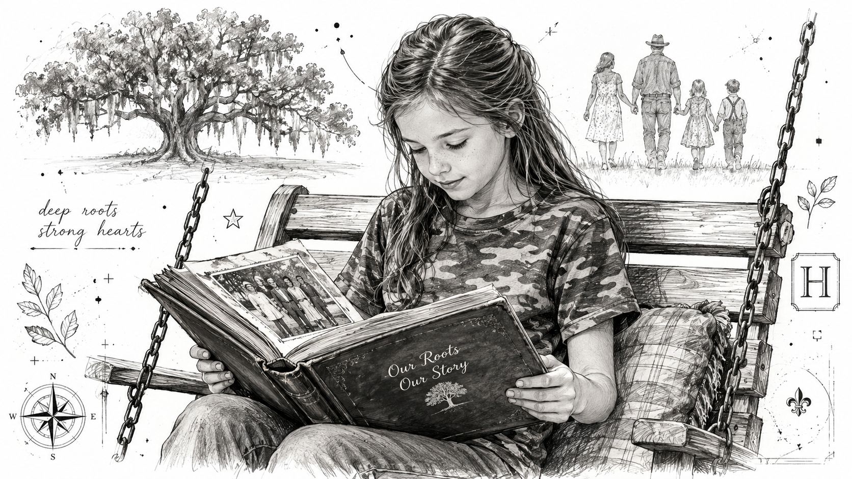 A young girl in a camouflage shirt reading a photo album on a wooden swing outdoors.