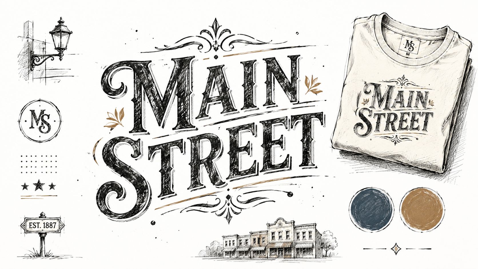 A hand-drawn design sheet featuring the text Main Street with vintage typography, decorative flourishes, and architectural illustrations.