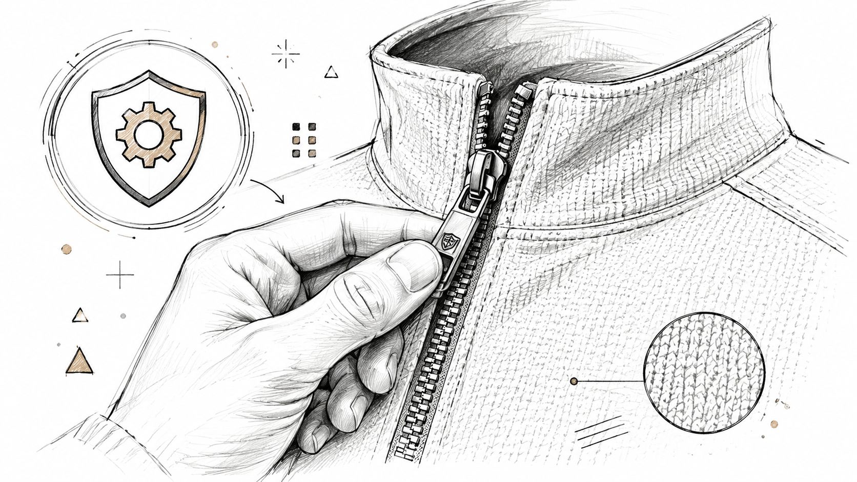 A detailed pencil sketch of a hand pulling up the zipper on a quarter zip garment.