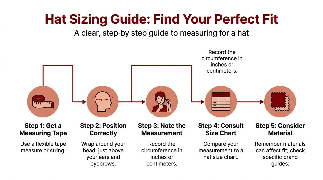 A step-by-step infographic illustrating how to properly measure your head to find the perfect hat size.
