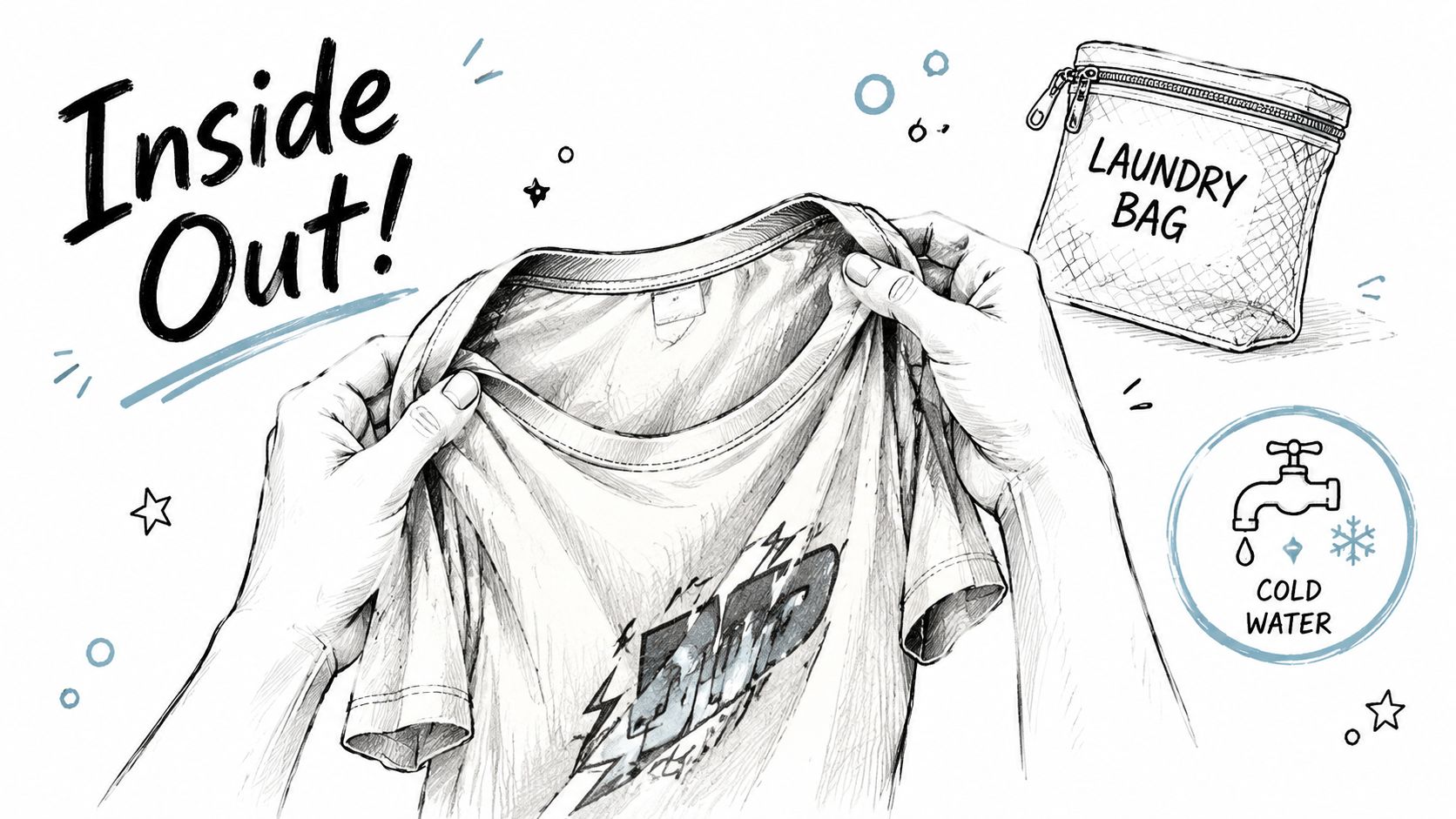 A hand-drawn illustration showing a t-shirt being turned inside out before being placed in a laundry bag.