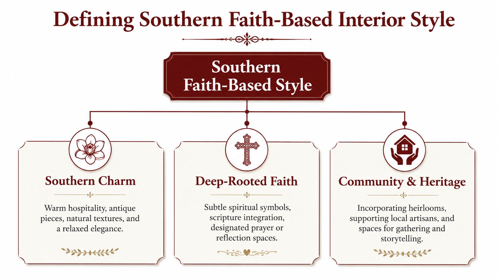 A diagram outlining key elements of Southern faith-based interior style, including Southern charm, deep-rooted faith, and community.