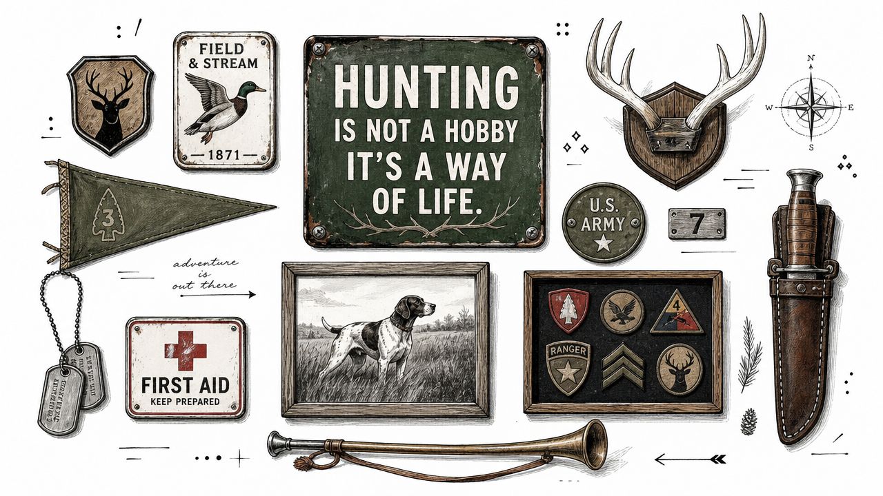 A rustic collection of hunting-themed wall art, including a vintage sign, dog portrait, patches, and hunting gear.