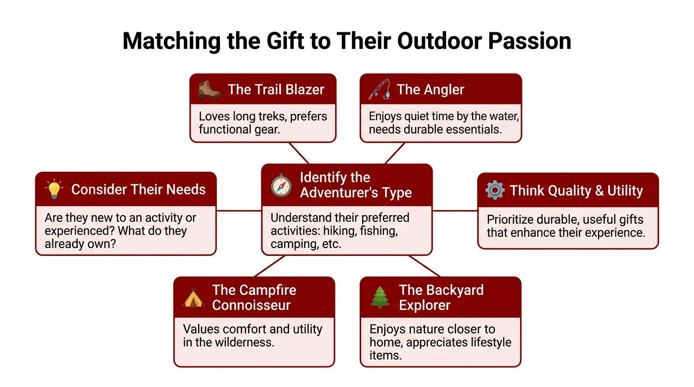 A flowchart titled Matching the Gift to Their Outdoor Passion, categorizing various adventurer types and shopping considerations.