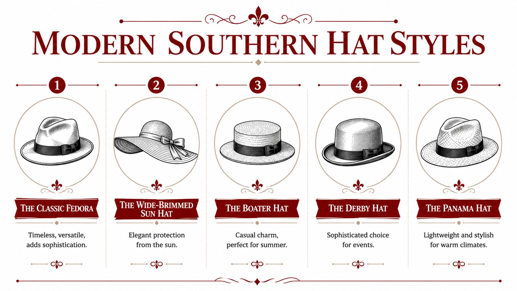 An infographic displaying five different types of modern southern style hats with descriptions and numbered illustrations.