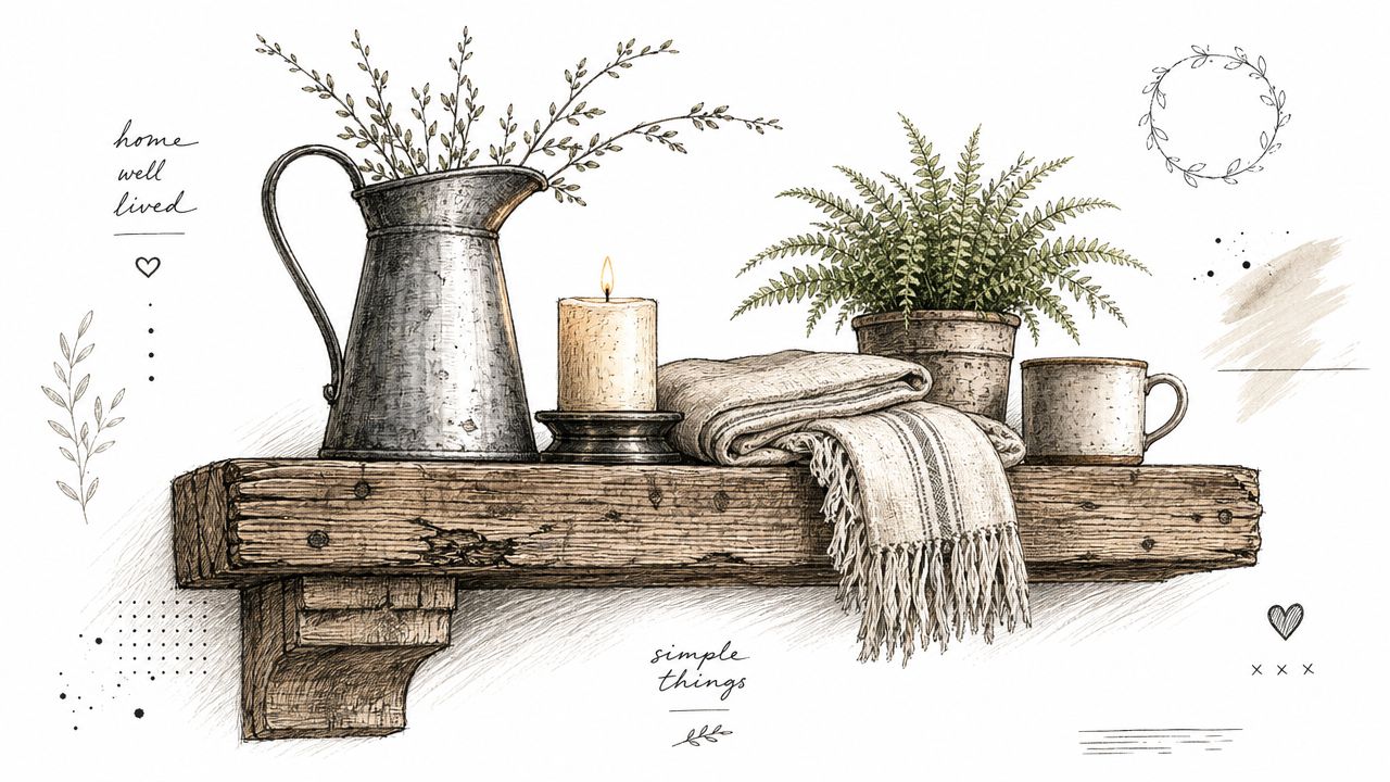 A hand-drawn sketch of a wooden shelf holding a metal pitcher, a candle, a folded blanket, and a plant.