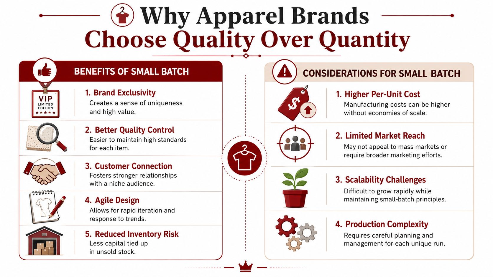 An infographic detailing the benefits and considerations of small-batch production for apparel brands.