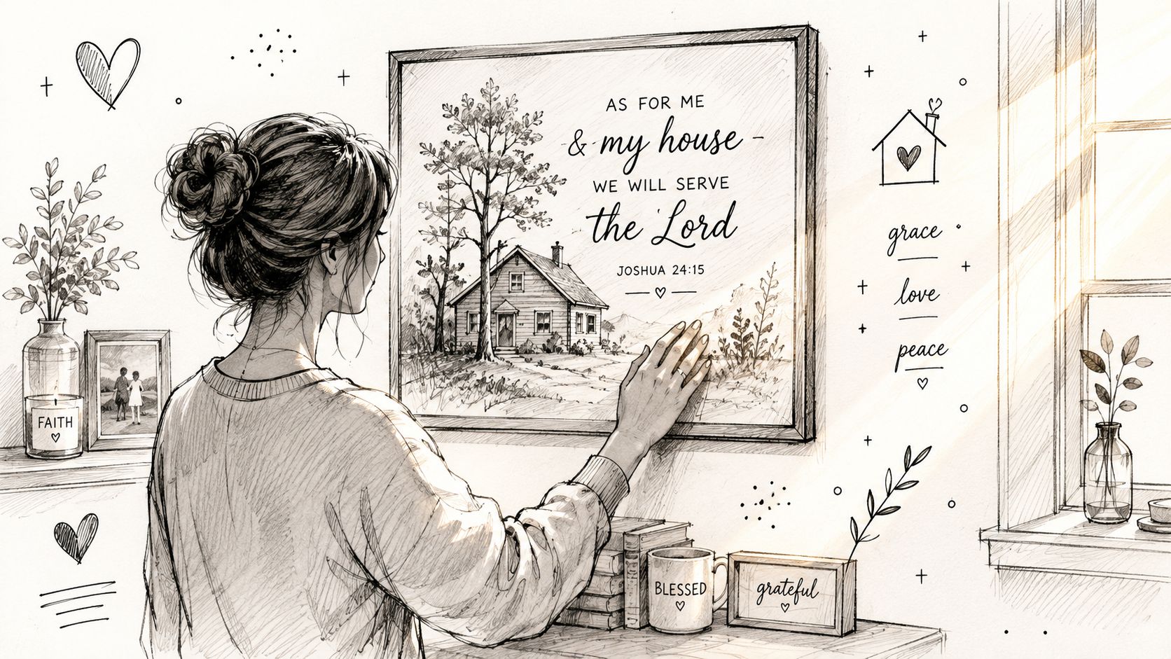 A woman touches a framed wall art featuring the Bible verse Joshua 24:15 in a cozy room.
