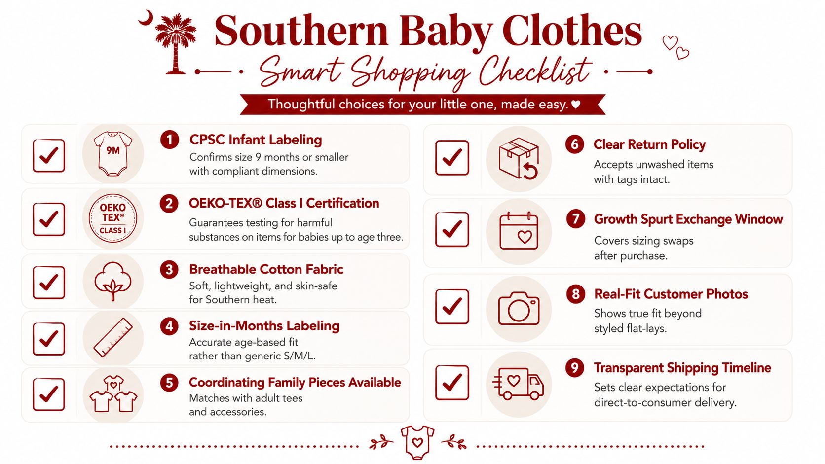 A smart shopping checklist for Southern baby clothes featuring nine essential tips for parents.