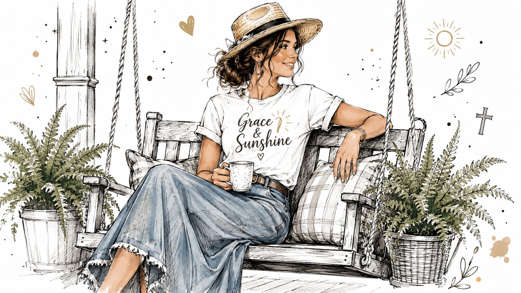 A woman in a straw hat and faith shirt sitting on a porch swing holding a mug.