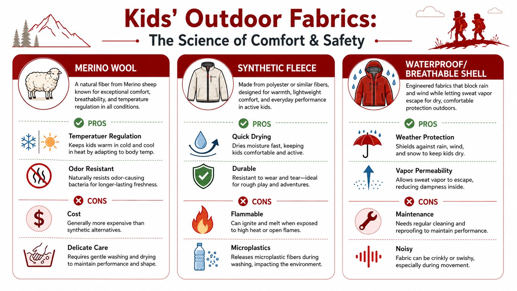 An infographic comparing features, benefits, and drawbacks of merino wool, synthetic fleece, and waterproof shells for children.