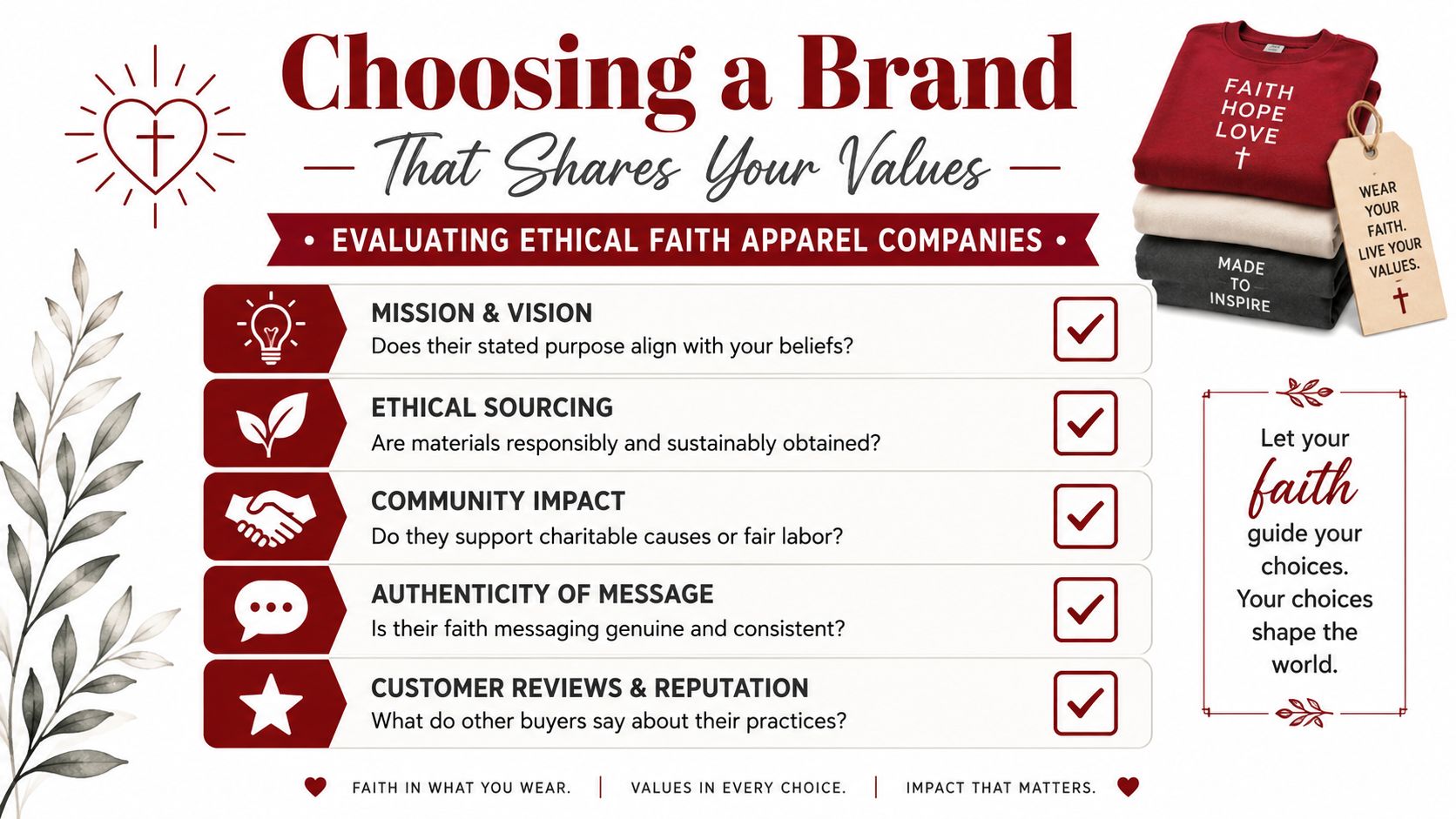 An infographic titled Choosing a Brand that Shares Your Values, outlining key factors for evaluating ethical faith apparel.