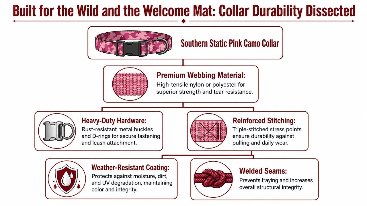 An infographic detailing the durable construction features of a Southern Static pink camouflage dog collar.