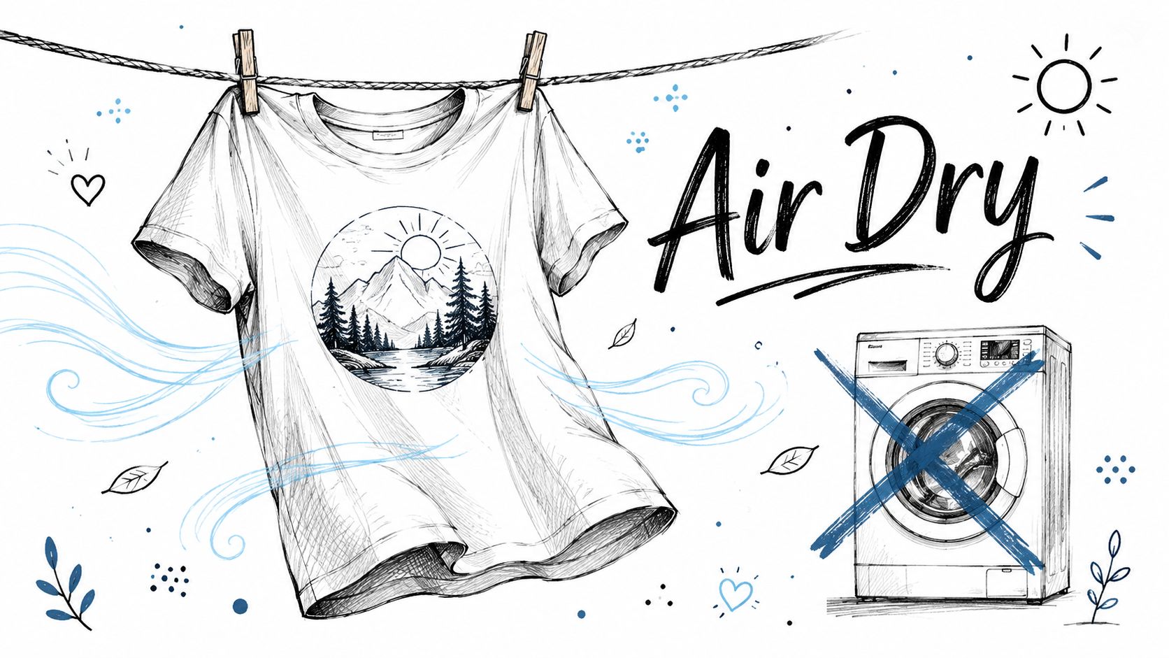 A hand-drawn illustration depicting a graphic t-shirt air drying on a clothesline, indicating no machine drying.