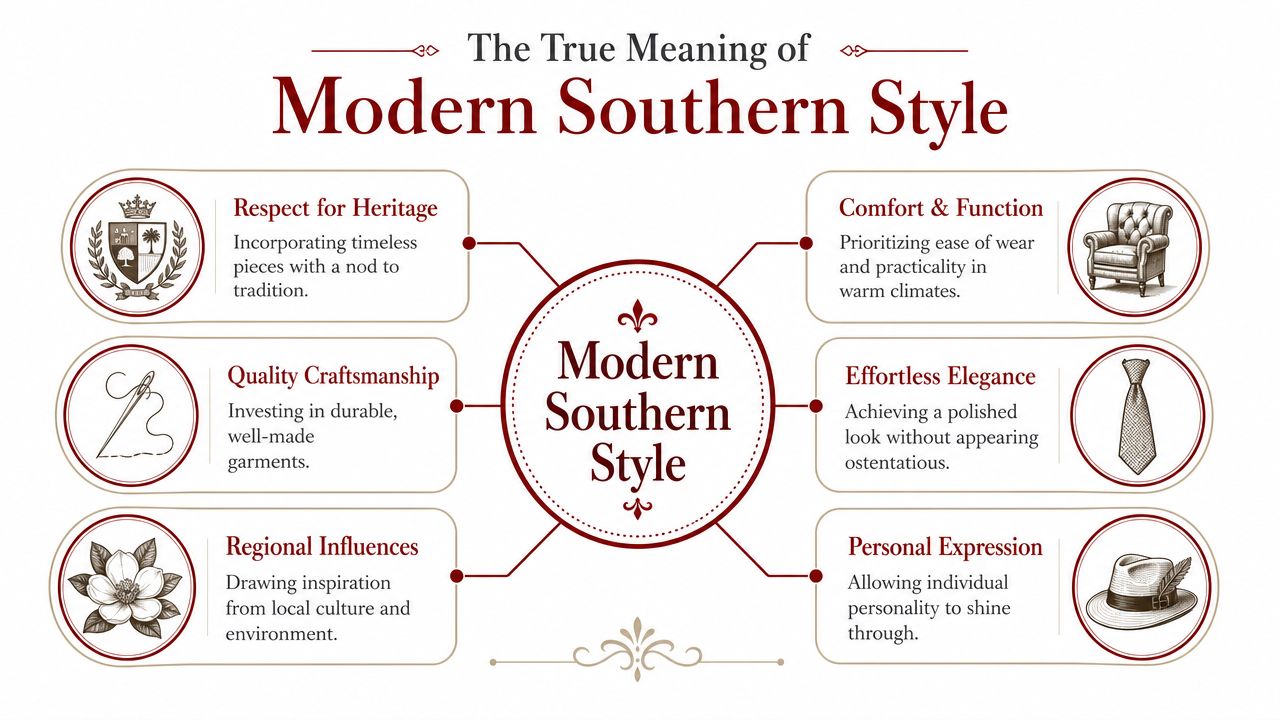 An infographic detailing the six key principles that define modern Southern style in men's fashion and lifestyle.