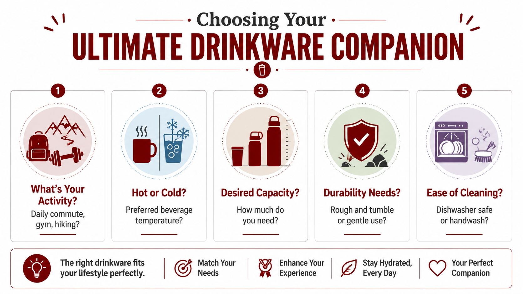 A helpful infographic guide outlining five key factors to consider when choosing the perfect portable drinkware companion.