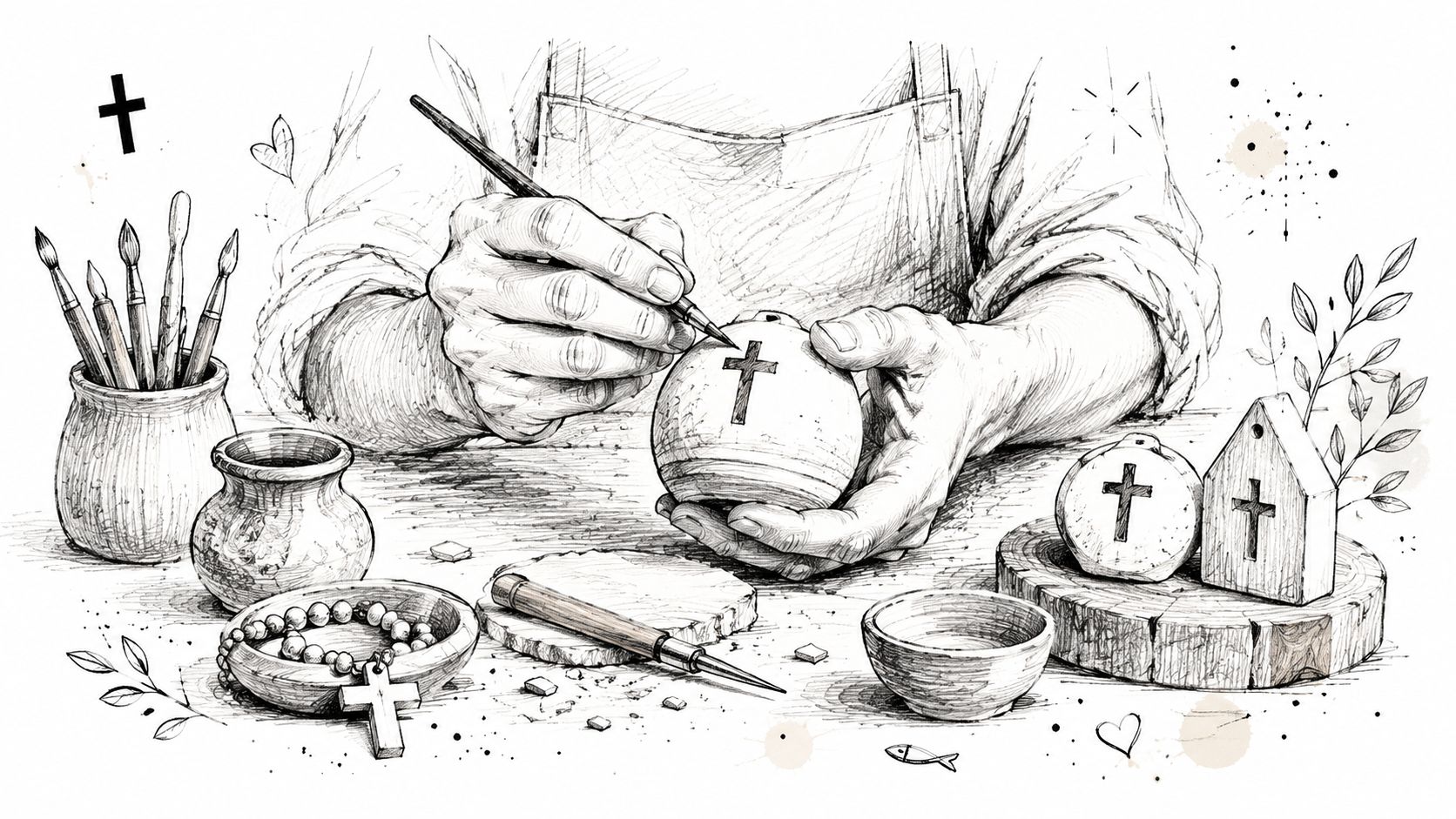 A detailed sketch of an artist painting a cross onto a ceramic ornament in a workshop.