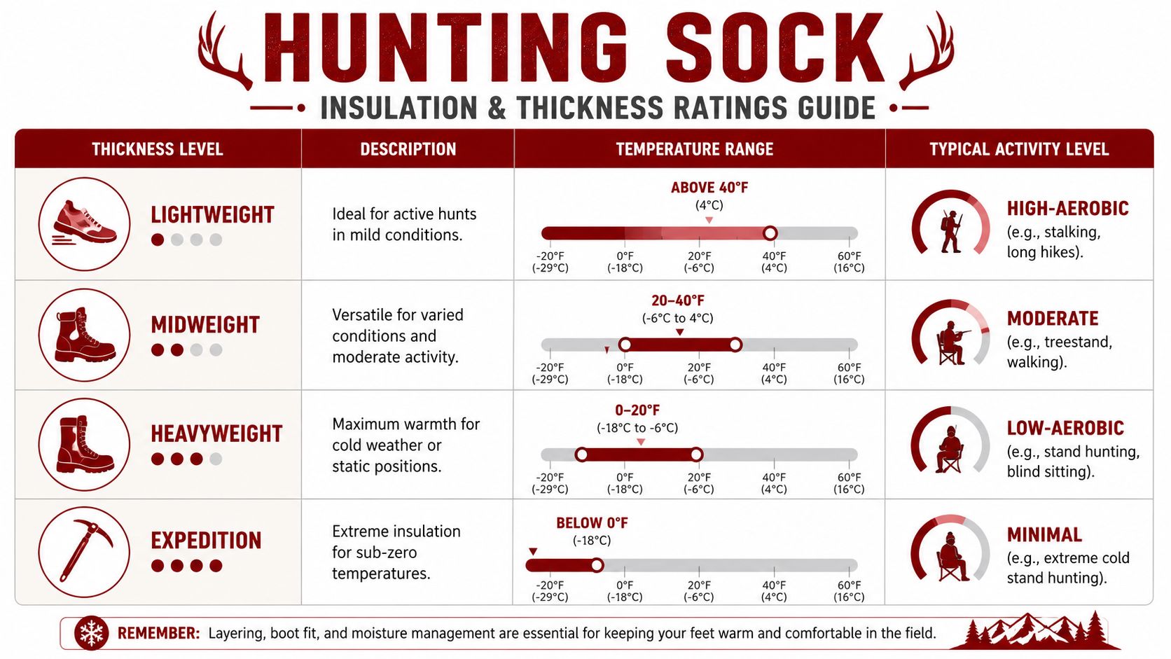 A chart detailing hunting sock thickness levels, descriptions, temperature ranges, and recommended activity levels for outdoor use.