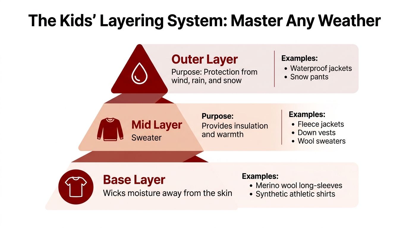 A diagram illustrating the three-layer system for kids' outdoor clothing, including base, mid, and outer layers.