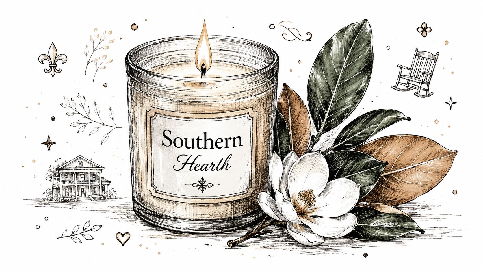 A hand-drawn illustration of a Southern Hearth candle, a magnolia flower, and a vintage house sketch.