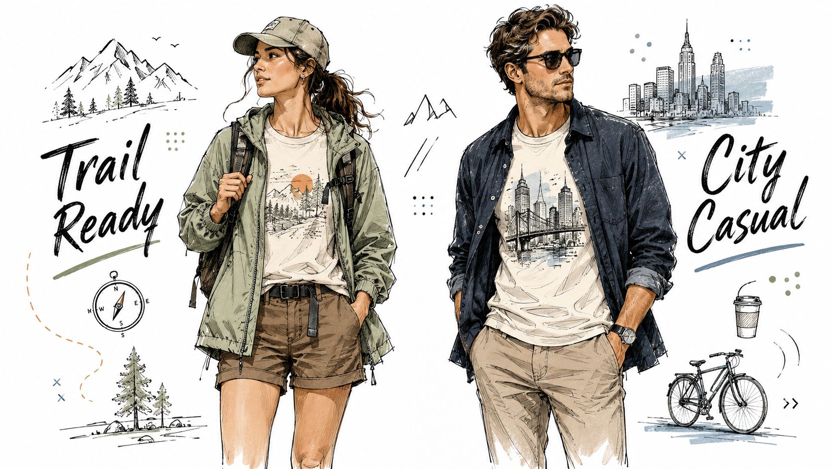 A split illustration showing a woman in hiking gear and a man in city-style casual clothing.
