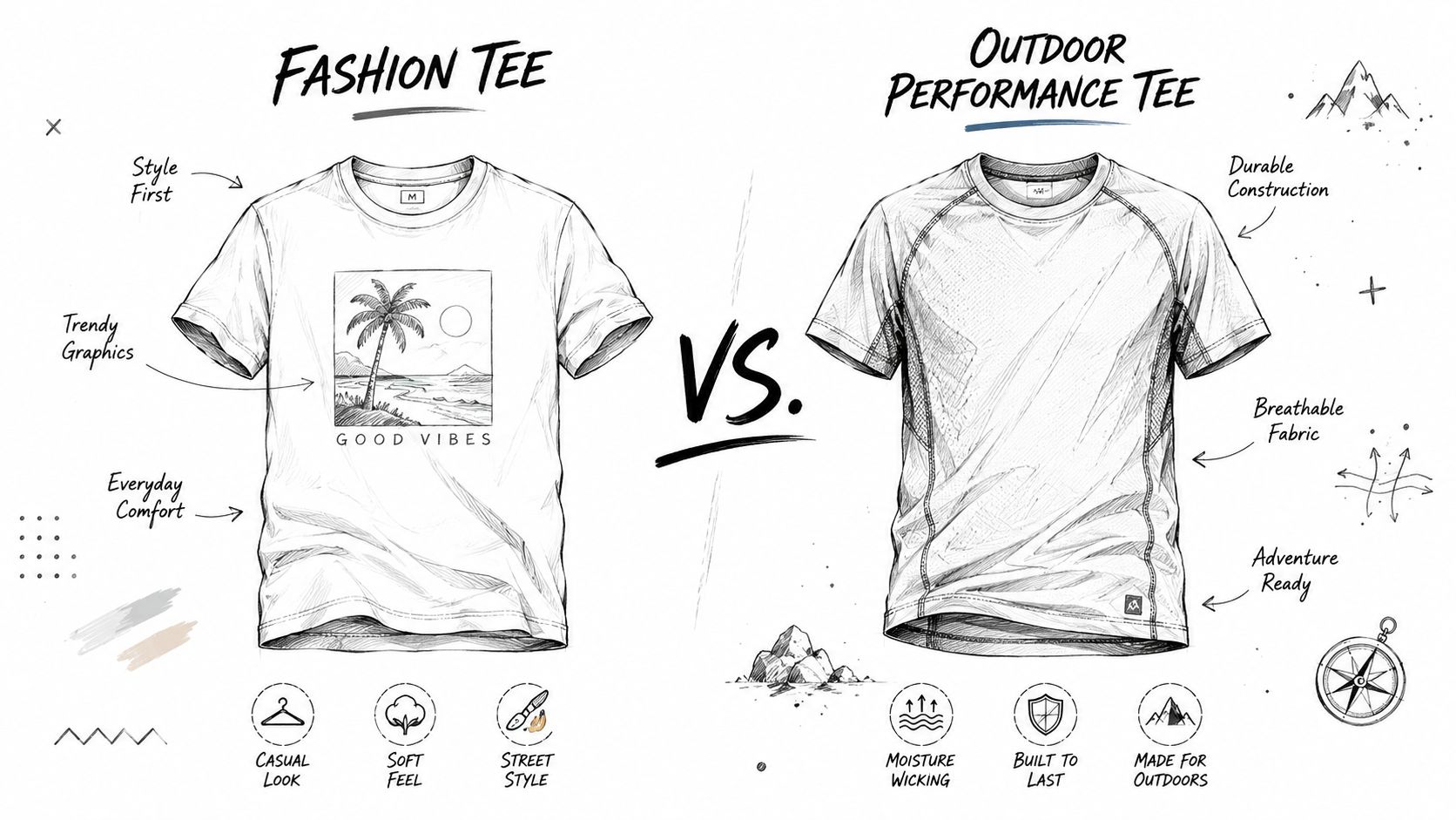 A comparison infographic between a casual graphic fashion tee and a technical outdoor performance shirt.