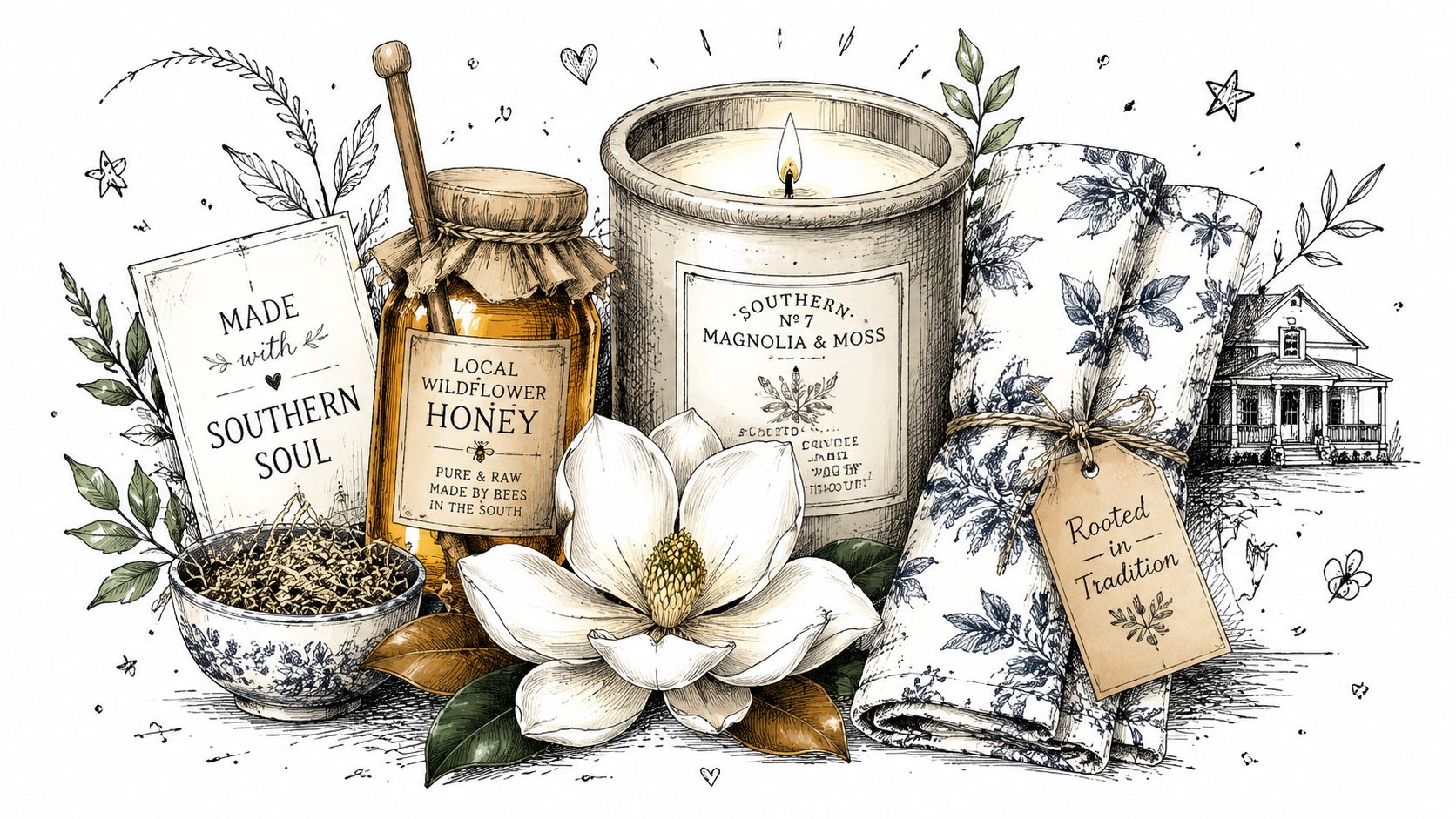 An illustration featuring a jar of wildflower honey, a magnolia candle, and a floral cloth with a tag.