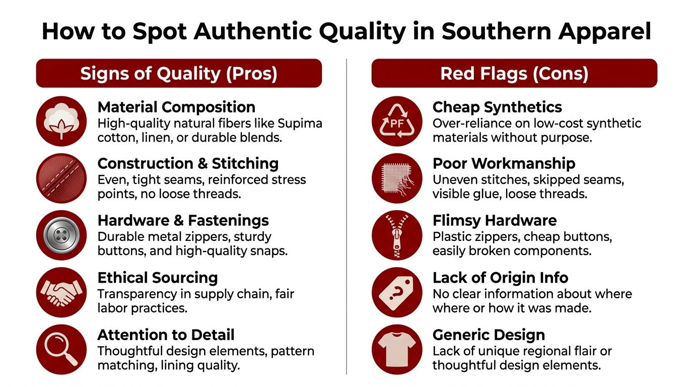 An infographic showing tips to spot authentic quality in Southern apparel, including pros and red flags.