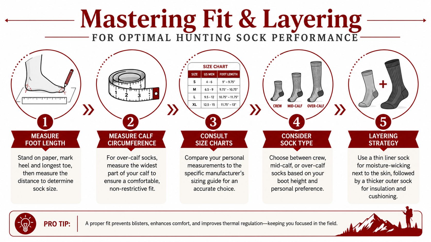 A guide on how to choose hunting socks, covering measuring foot length, sizing, and proper layering strategies.
