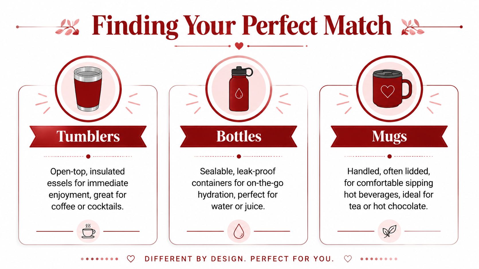 An infographic comparing different types of portable drinkware including tumblers, water bottles, and handled mugs for beverages.
