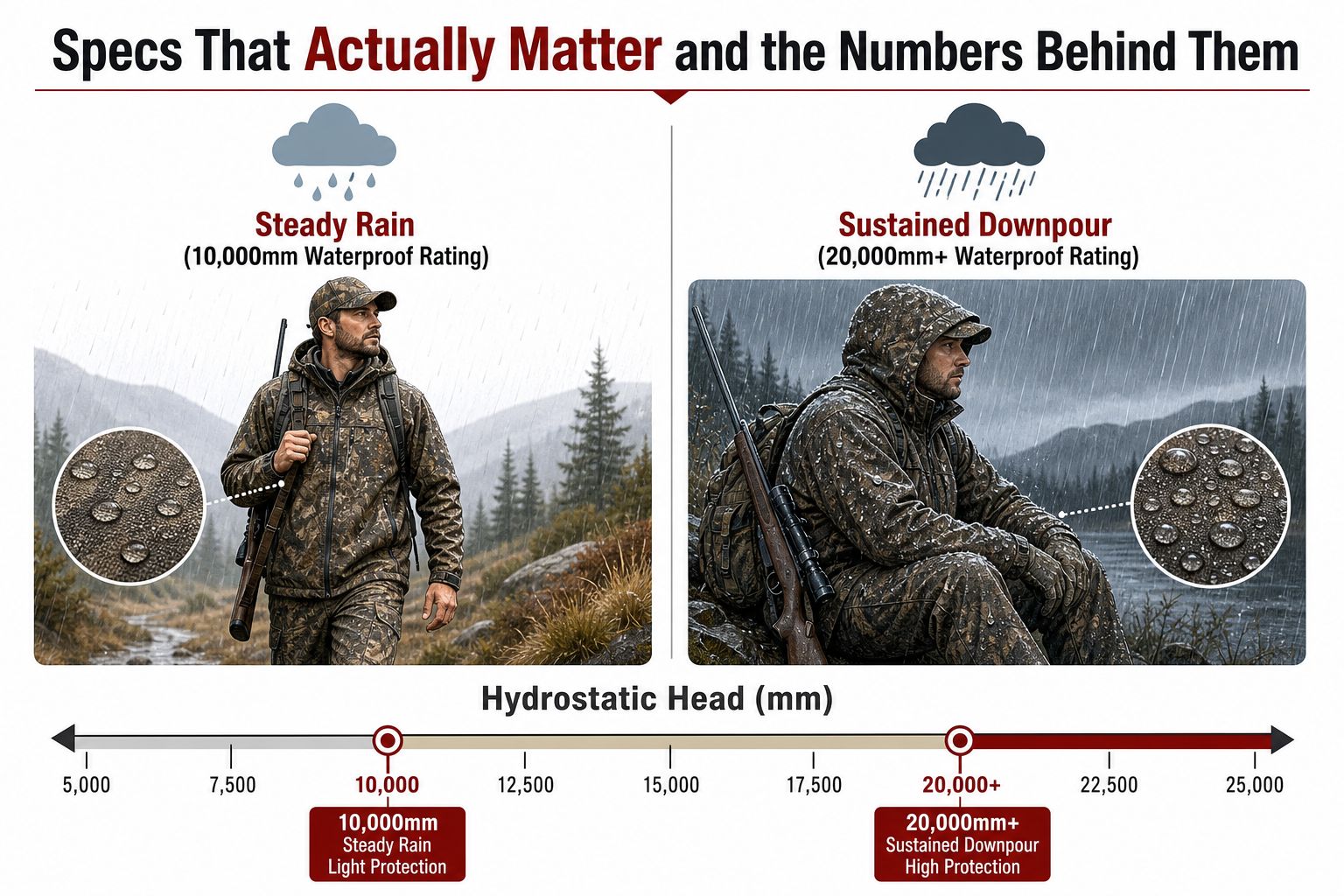 An infographic comparing waterproof ratings of hunting clothing for steady rain versus sustained downpour conditions.