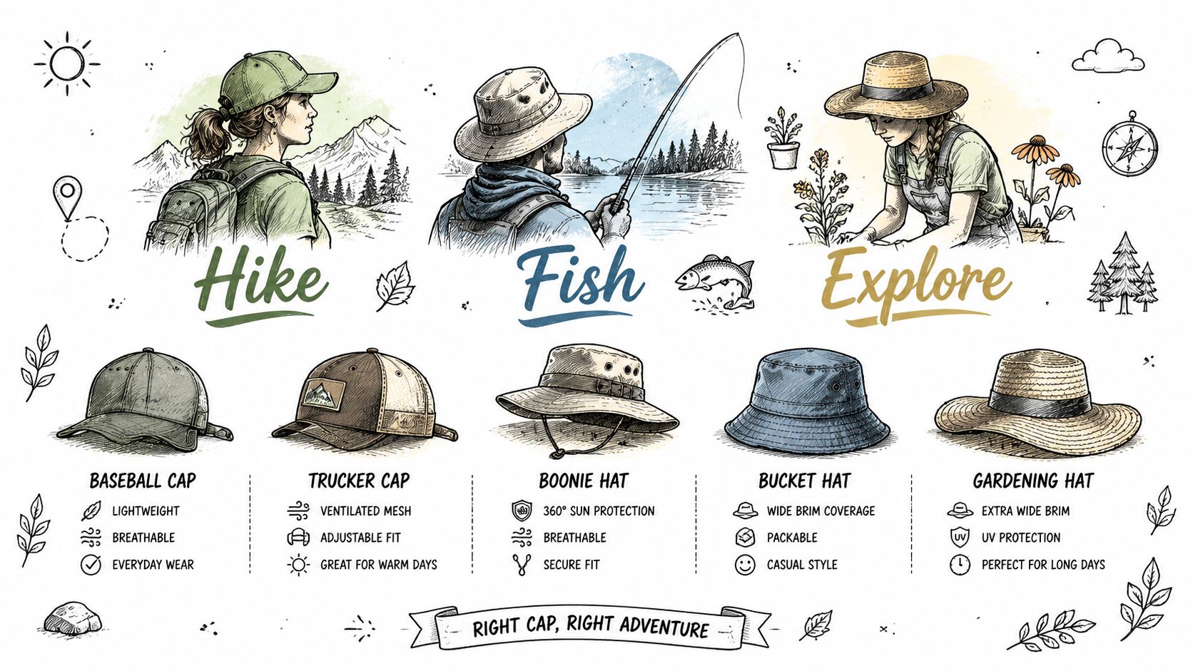 An illustrated guide showcasing different types of outdoor hats for hiking, fishing, and gardening adventures.