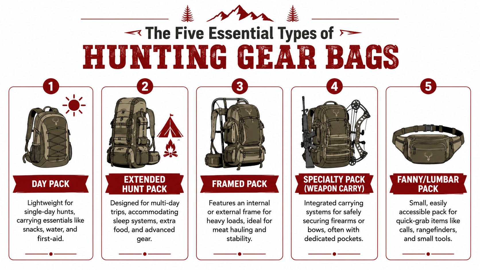 An infographic illustrating the five essential types of hunting gear bags used for various outdoor activities.